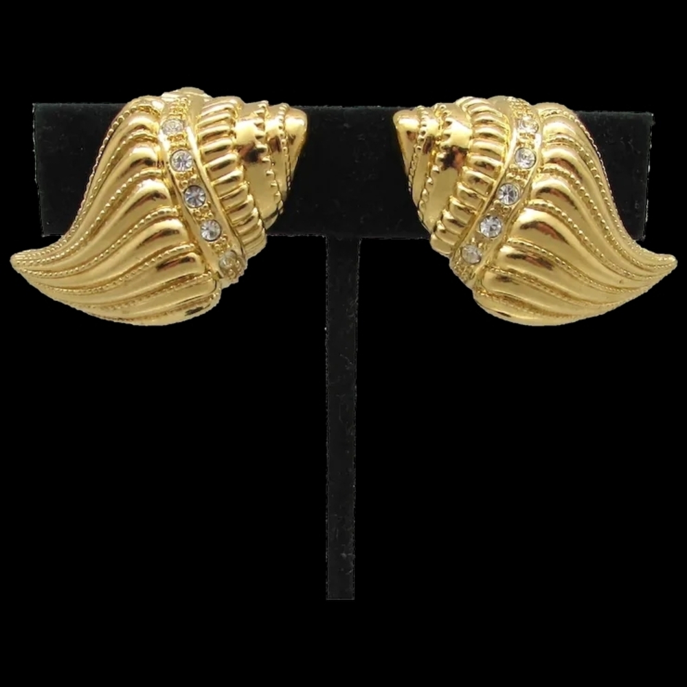 KJL Nib Gold Shell Earrings with Simulated Diamonds Dated Signed 1989